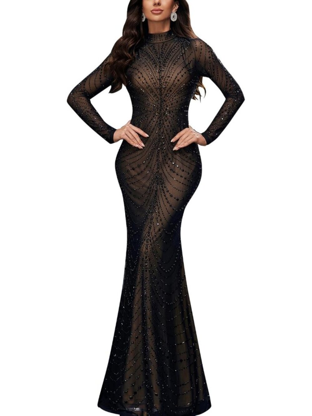 Rhinestone Mermaid Formal Evening Gown | Long Sleeve Prom Dress for Women